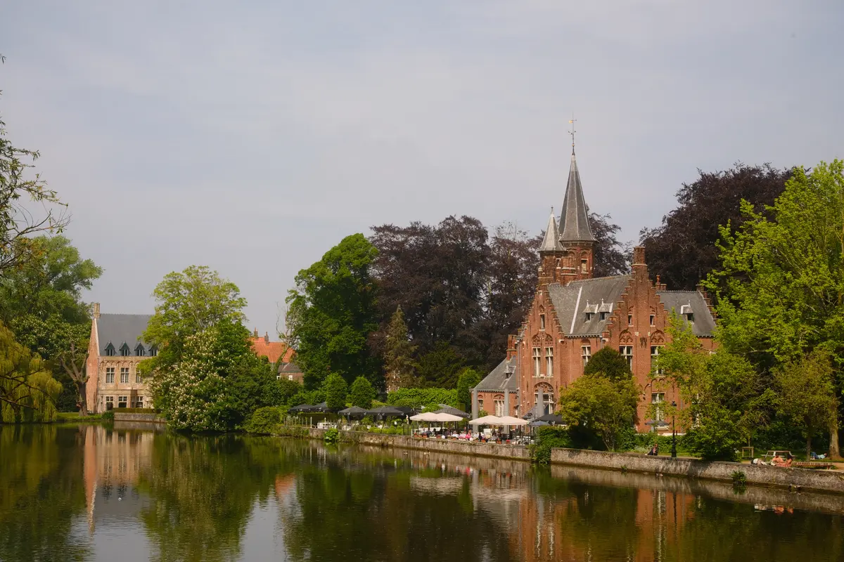A building reflected in the canal of Bruges